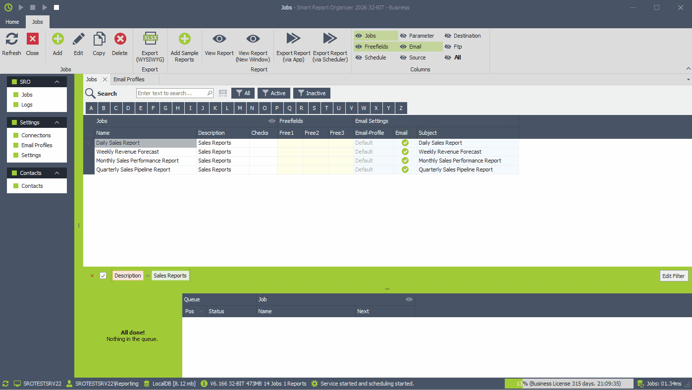 Smart Report Organizer email profile management with multiple SMTP, Microsoft 365 OAuth 2.0 and Gmail OAuth 2.0 accounts